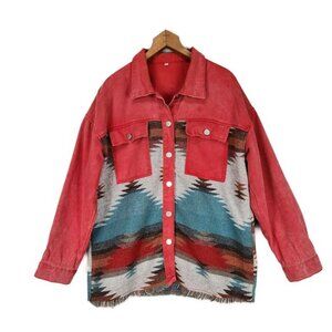 Rustic Southwest Button Up Jacket Womens M Red Denim Aztec Blanket Weave Raw Hem